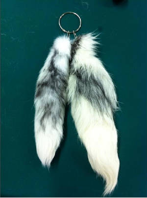 Natural Fur Artic Marble Fox Tail Key Chain  Large Soft 